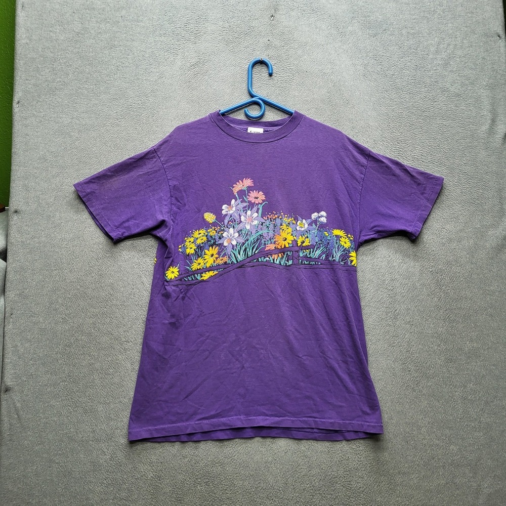VINTAGE‎ Flower Garden Women Shirt XL Purple Floral Single Stitch 90s USA